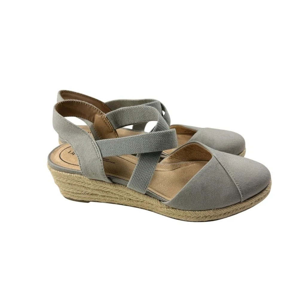 LifeStride Kimmy Grey Fabric Espadrille Wedge Sandals Womens 7W Round Toe Casual